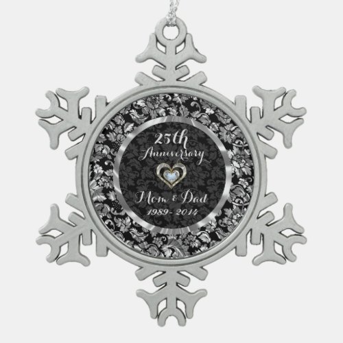 Black And Metallic Silver 25th Wedding Anniversary Snowflake Pewter Christmas Ornament