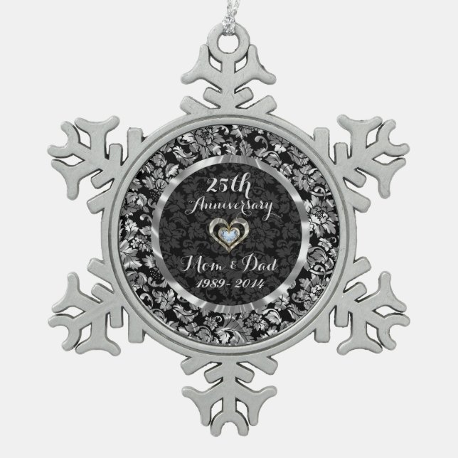 Black And Metallic Silver 25th Wedding Anniversary Snowflake Pewter Christmas Ornament (Front)