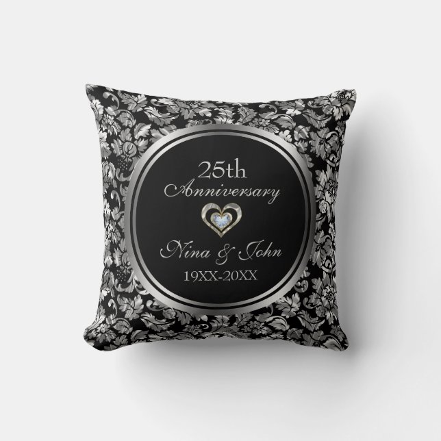 Black And Metallic Silver 25th Wedding Anniversary Throw Pillow (Front)