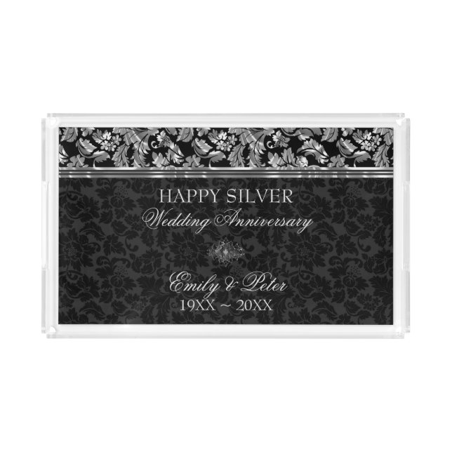 Black And Metallic Silver Damask- 25th Anniversary Acrylic Tray (Front)