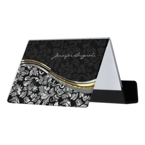 Black And Metallic Silver Damask Desk Business Card Holder