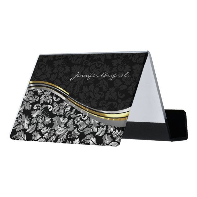 Black And Metallic Silver Damask Desk Business Card Holder (Angled Back)