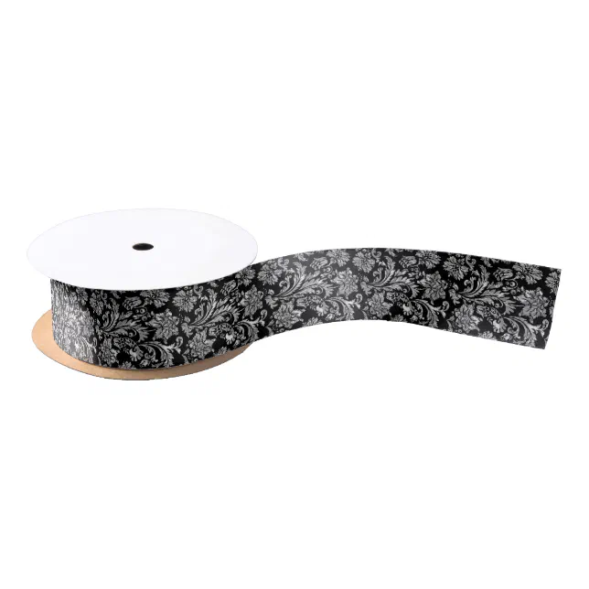 Black And Metallic Silver Floral Damasks Satin Ribbon | Zazzle