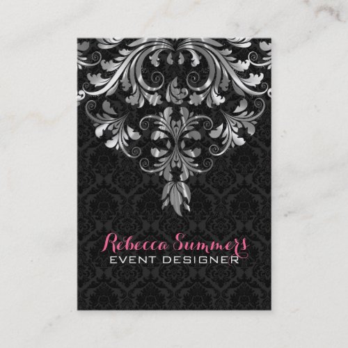 Black And Metallic Silver Floral Lace 2 Business Card
