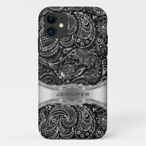 Black And Metallic Silver Floral Paisley iPhone 11 Case