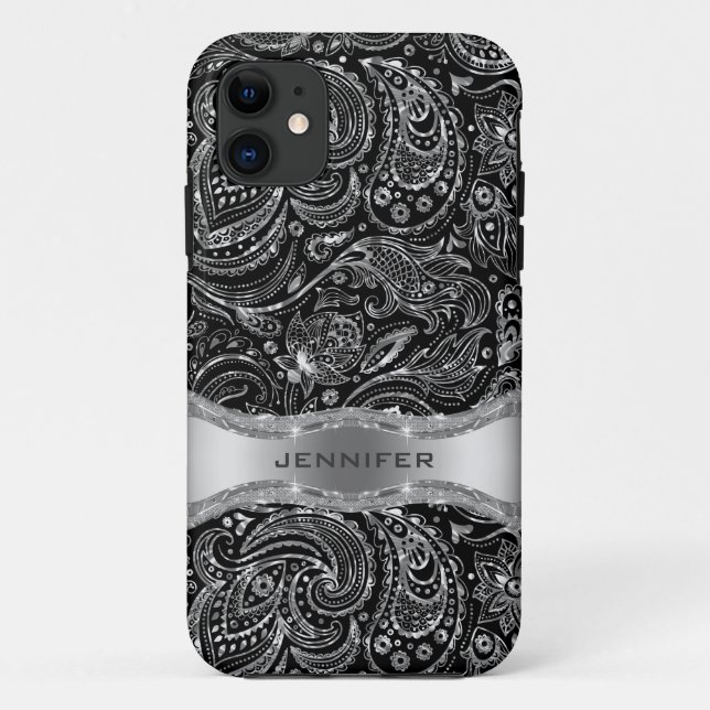 Black And Metallic Silver Floral Paisley Case-Mate iPhone Case (Back)