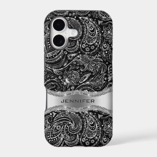 Black And Metallic Silver Floral Paisley iPhone 17 Case
