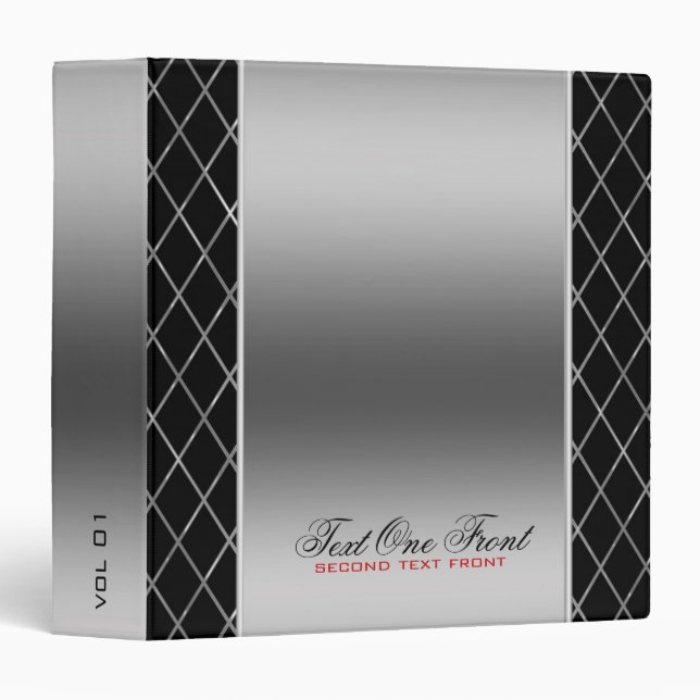 Black And Metallic Silver Geometric Design 3 Ring Binder (Front/Spine)