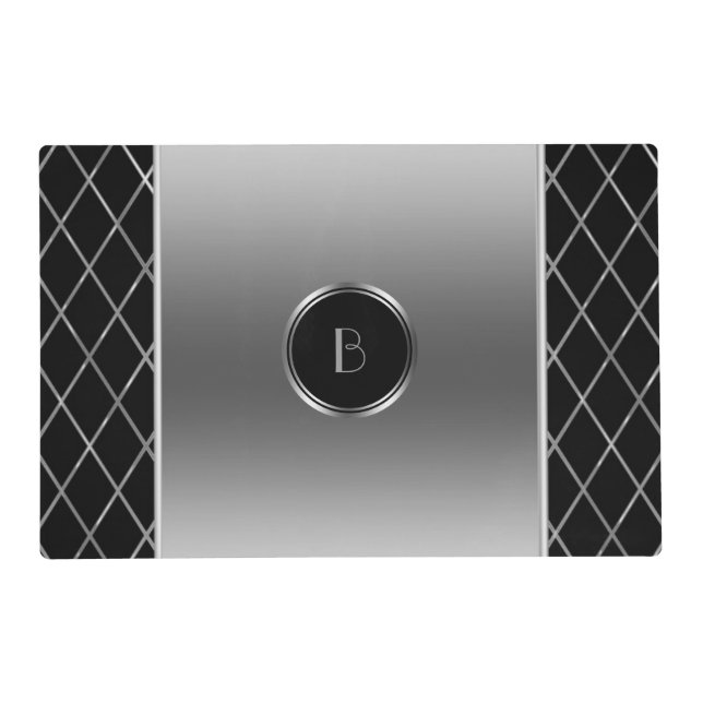 Black And Metallic Silver Geometric Design Placemat (Back)