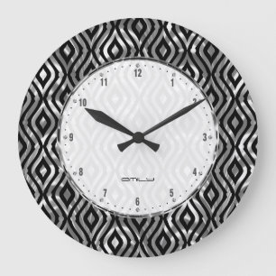 Black And Metallic Silver Geometric Pattern Large Clock