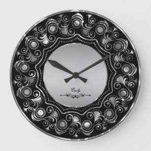 Black And Metallic Silver Gray Floral Design Large Clock