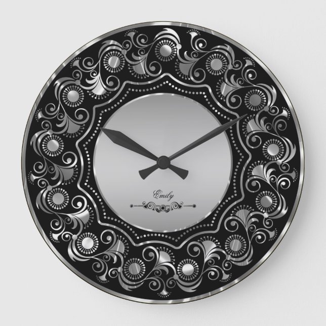 Black And Metallic Silver Gray Floral Design Large Clock (Front)