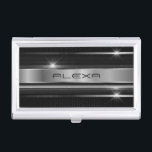 Black and metallic silver stripes business card case<br><div class="desc">Image of  metallic silver stripe with black geometric metallic mash.</div>