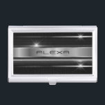 Black and metallic silver stripes business card case<br><div class="desc">Image of  metallic silver stripe with black geometric metallic mash.</div>