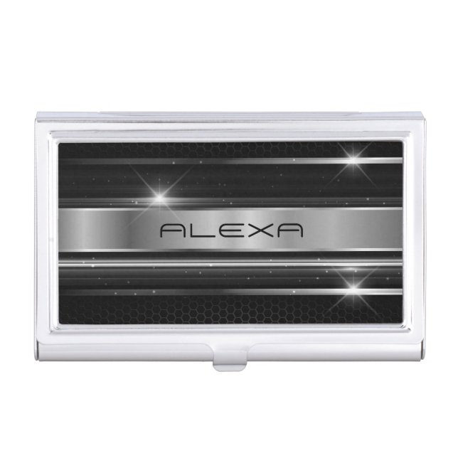 Black and metallic silver stripes business card case (Front)