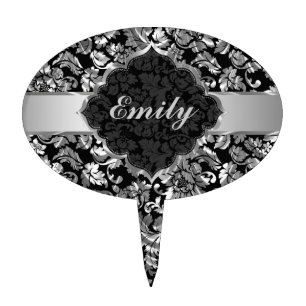 Black And Metallic Silver Vintage Floral Damasks Cake Topper