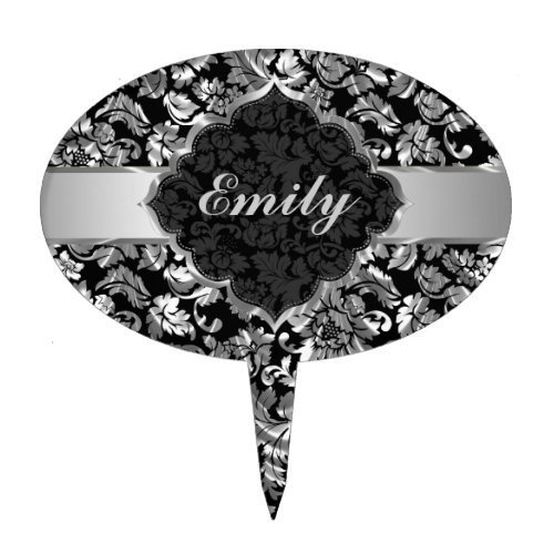 Black And Metallic Silver Vintage Floral Damasks Cake Topper