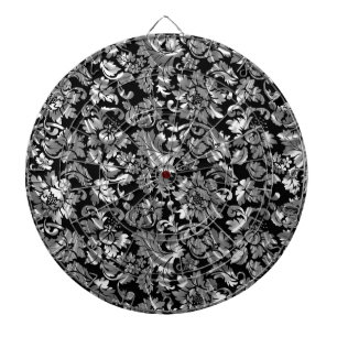 Black And Metallic Silver Vintage Floral Damasks Dartboard
