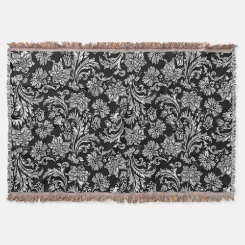 Black And Metallic Silver Vintage Floral Damasks Throw Blanket