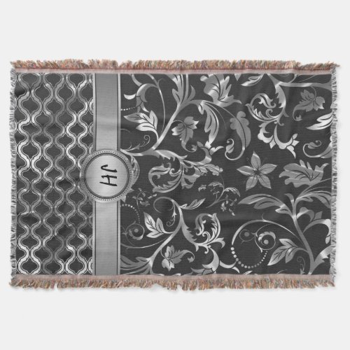 Black And Metallic Silver Vintage Floral Lace 2 Throw Blanket