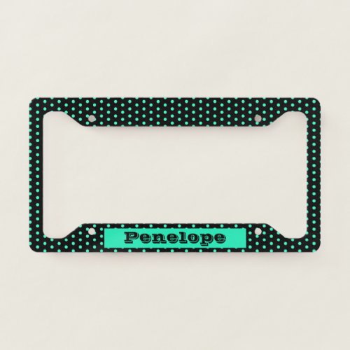 Black and Mint Fun Polka Dot Pattern with Name License Plate Frame