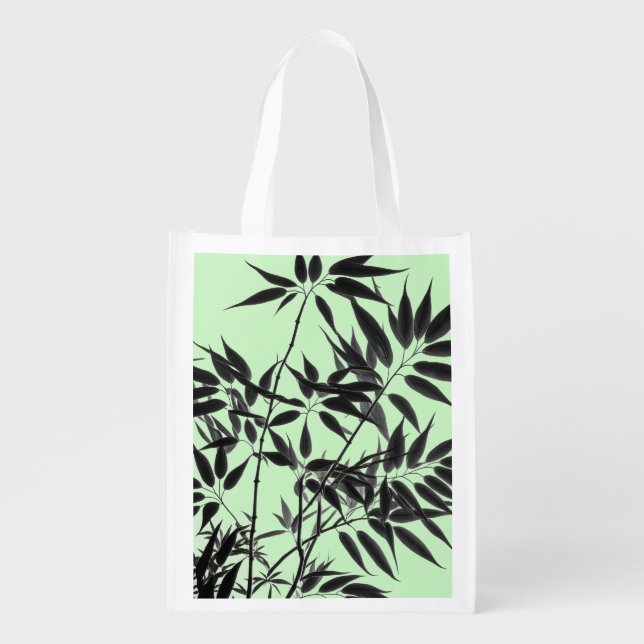 Black and Mint Green Bamboo Plant Grocery Bag (Front)