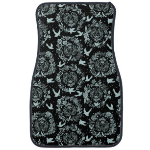 Black and Mint Green Floral and Birds Car Floor Mat