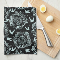 White Snowflake on Dark Green Kitchen Towel, Zazzle