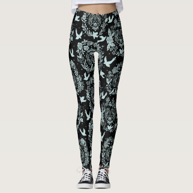 Black and Mint Green Floral and Birds Leggings (Front)