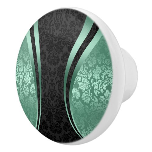 Black And Mint_Green Floral Damasks Ceramic Knob