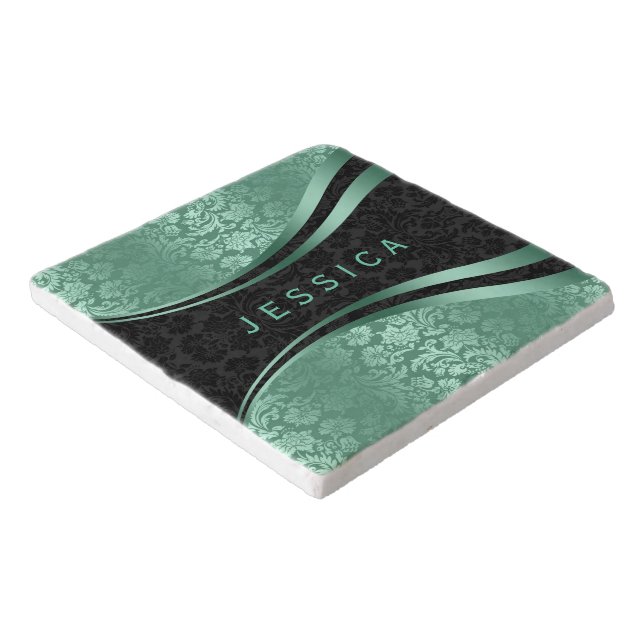 Black And Mint-Green Floral Damasks Trivet (Corner)
