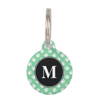 Black And Mint Green Monogram Dog Paws Pattern Pet Name Tag