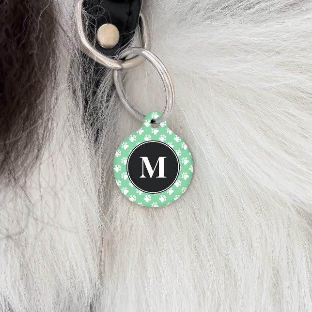 Black And Mint Green Monogram Dog Paws Pattern Pet Name Tag (Creator Uploaded)