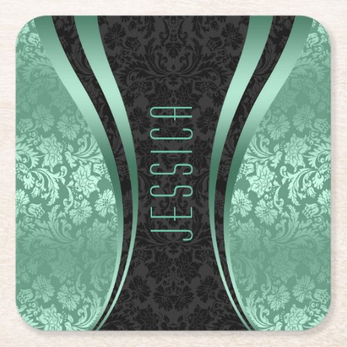 Black And Mint_Green Tones Floral Damasks Square Paper Coaster