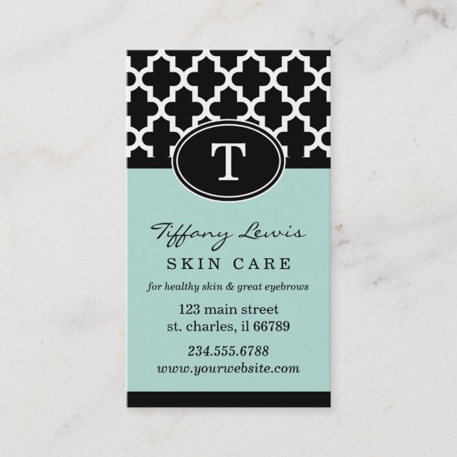 Black and Mint Monogram Moroccan Print Business Card (Front)