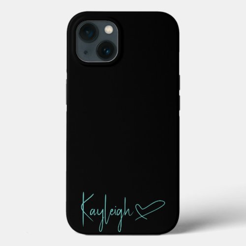 Black and Mint Script Name with Heart Phone Case