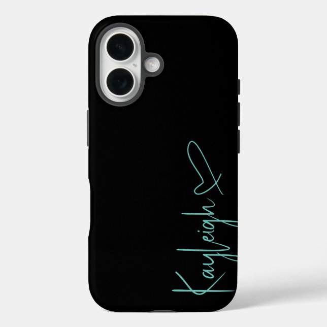 Black and Mint Vert Script Name & Heart Phone Case (Back)