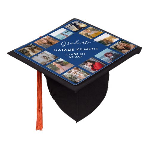 Black and Navy Blue Graduate Photo Collage Name Graduation Cap Topper