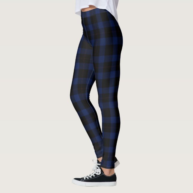 Black and navy blue Tartan Plaid Scottish Pattern  Leggings (Left)
