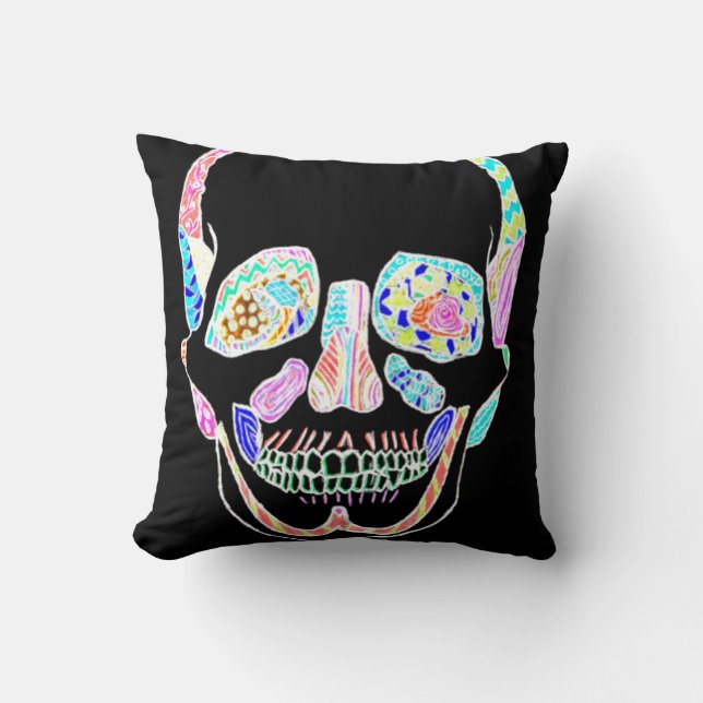 Black and Neon Anatomical Sugar Skull Throw Pillow (Front)