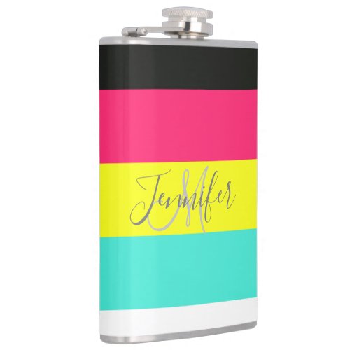 Black and Neon Color Block Stripe Monogram Name Flask