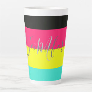 Black and Neon Color Block Stripe Monogram Name Latte Mug