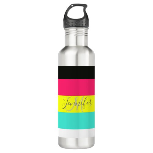Black and Neon Color Block Stripe Monogram Name Stainless Steel Water Bottle