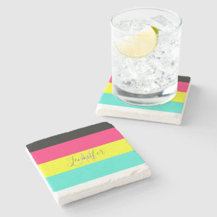 Black and Neon Color Block Stripe Monogram Name Stone Coaster