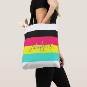 Black and Neon Color Block Stripe Monogram Name Tote Bag