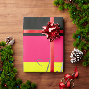 Black and Neon Color Block Stripe Monogram Name Wrapping Paper