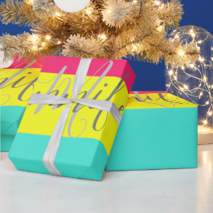 Black and Neon Color Block Stripe Monogram Name Wrapping Paper