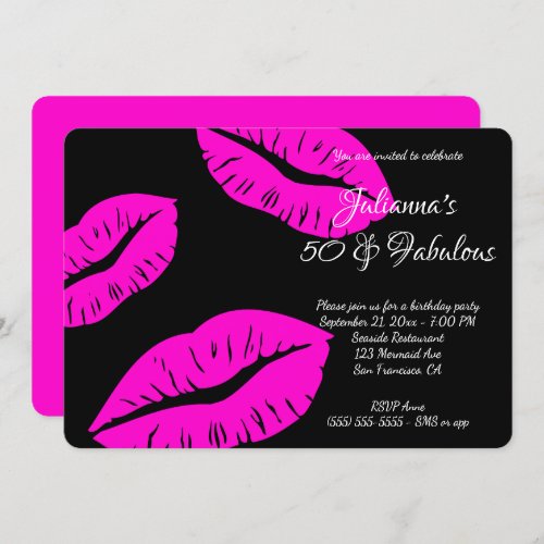 Black and Neon Pink Lips 50 and Fabulous Birthday Invitation