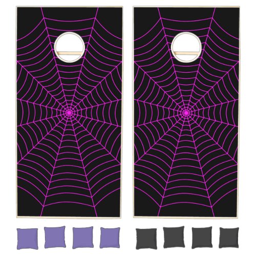 Black and neon pink spider web Halloween pattern Cornhole Set