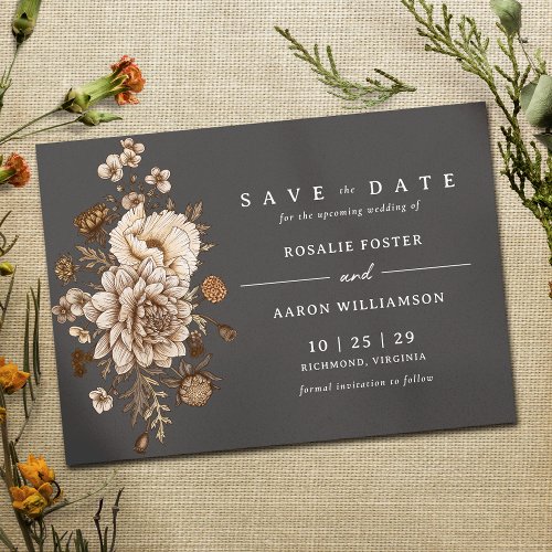 Black and Neutral Floral  Moody Fall Boho Wedding Save The Date